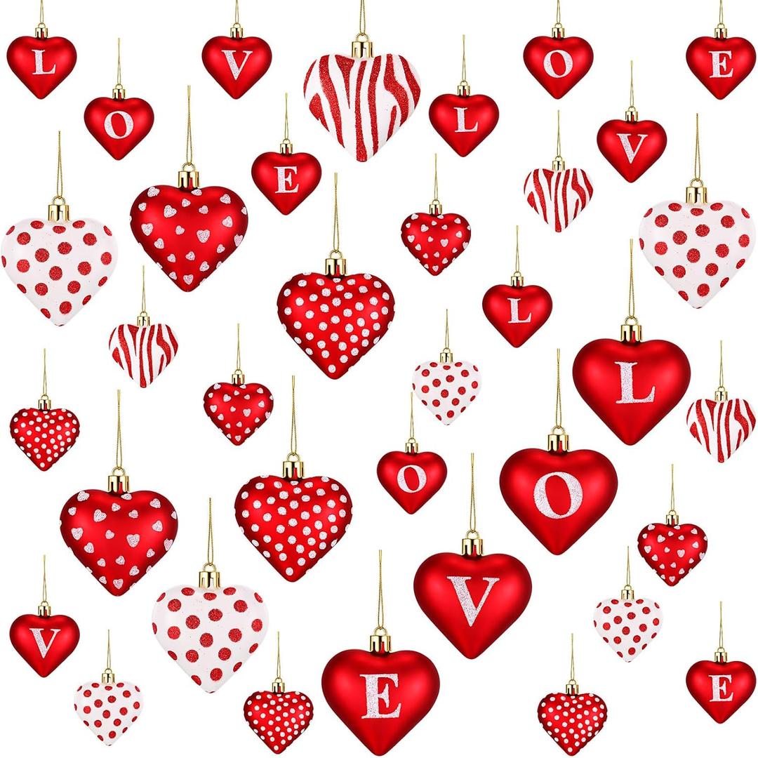 48 Pcs 2 Size 1.8/2.4 inch Valentines Day Heart Ornaments 8 Styles Heart Shaped Hanging Decoration for Tree Red Pink Silver Glitter Romantic Bauble for Wedding Party Supplies (Red)