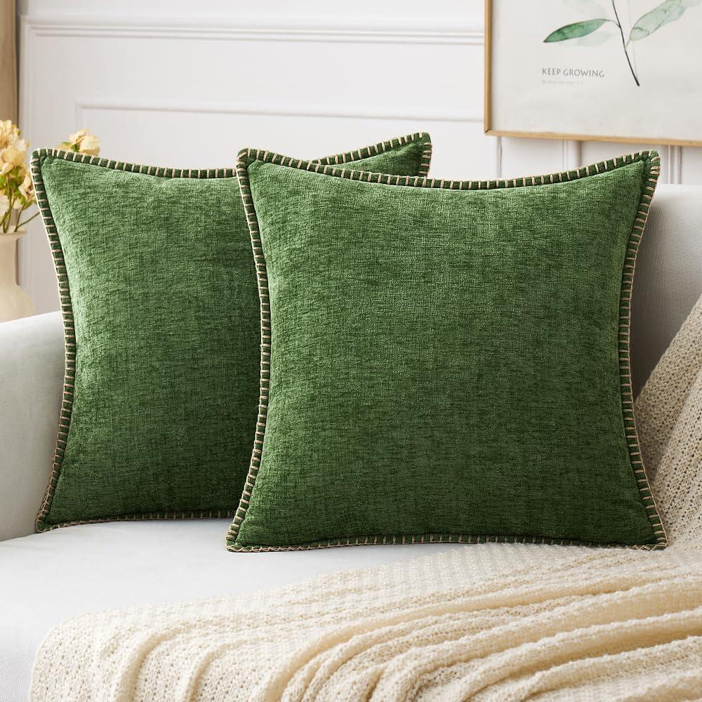 MIULEE Pack of 2 Pillow Covers 18x18 Inch Moss Green Farmhouse Decorative Throw Pillow Covers with Stitched Edge Soft Chenille Solid Dyed Couch Pillow Covers for Sofa Bed Living Room