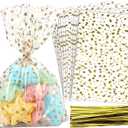 100 Pcs Star Printed 5"X 7" Gift Wrap Cello Cellophane Treat Bags Party Favor bags Clear Candy Cookie Bag Plastic Poly Goodie Storage Bag with Twist Ties for Bakery,Birthday, Wedding ,Party Decorations (Gold)