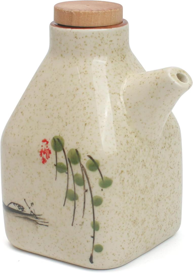Soy Sauce Dispenser Ceramic, Japanese Style, Large Leakproof Vintage Bottle Holder Container with Cork Stopper for Oil Vinegar Condiment Liquid Barbecue Cooking Kitchen, 300ml