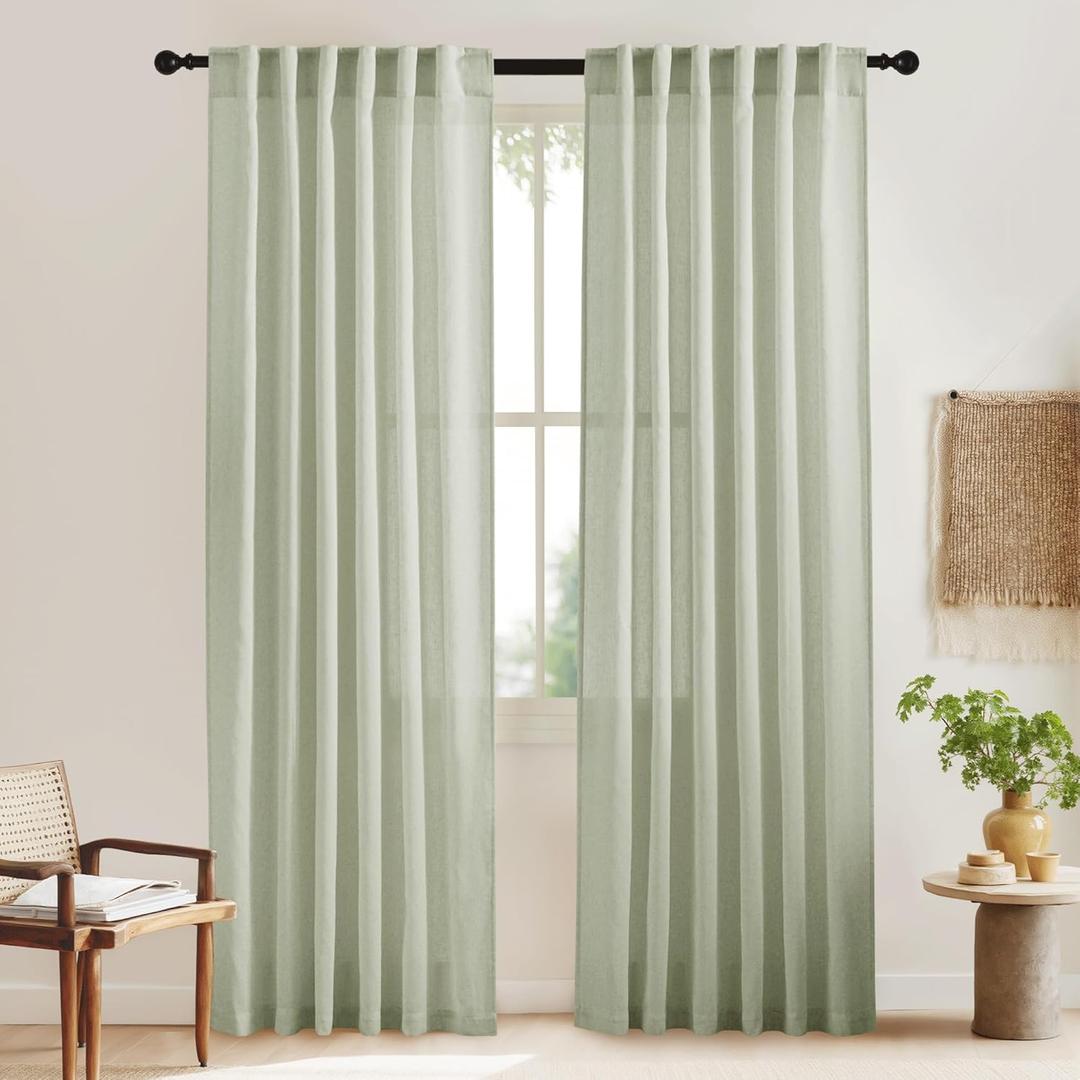 KGORGE Green Linen Curtains 84 Inches for Living Room, Boho Light Filtering Semi Sheer Linen Textured Curtains for Bedroom Farmhouse, Back Tab Rod Pocket, Sage Green, 2 Panels, 52" W x 84" L