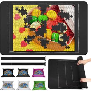 Premium Rubber Jigsaw Puzzle Mat, Roll Up, Saver Pad 55x 35 Portable Up to 3000 Pieces with Non-Slip Rubber Bottom and Smooth Polyester Top + Storage Bag, 6 Colorful Trays, Rolling Tube