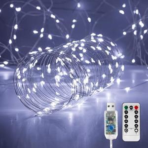 Ariceleo 2 Pack 32. 8 ft. USB Powered Fairy Lights with Remote & Timer, 100 LED USB Twinkle String Lights - Silver Wire, 8 Modes, Waterproof, Cool White Starry Lights for Party, Wedding, Christmas