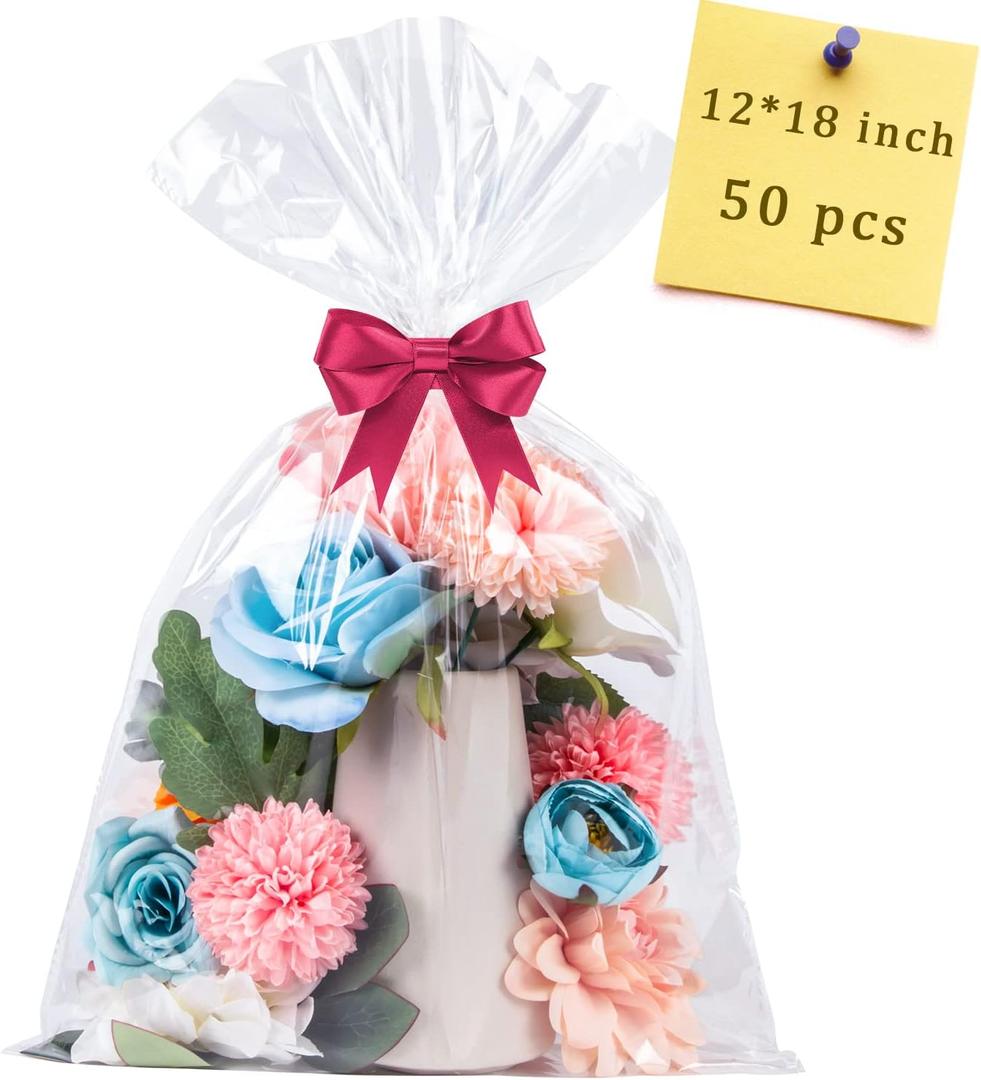 50pcs Cellophane Bags 12x18 Cellophane Wrap Goodie Bags Large Clear Gift Bag Party Favors Bag Clear Treat Wraps with Ties Plastic Gift Packaging Wraps for Cookie Candy