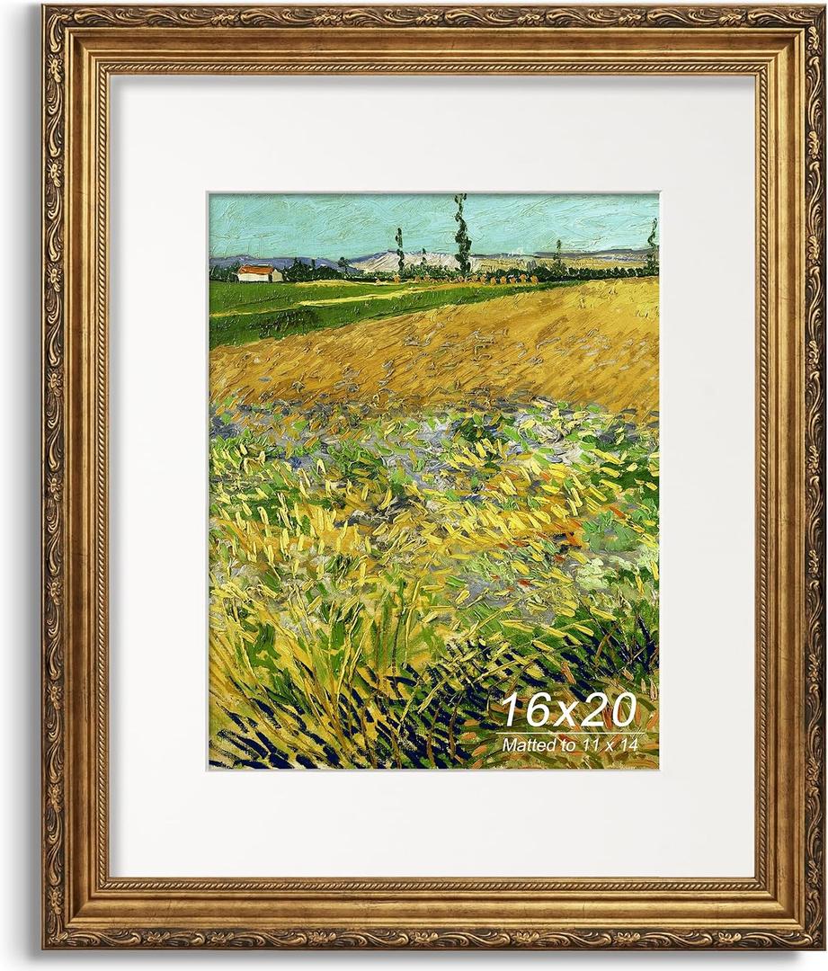 Antique Gold 16x20 Picture Frame, Ornate Embossing Frame with Paper Mat and Plexiglass, Fit for 16x20 without Mat or 11x14 with Mat, Wall Mounting Display for Art Prints, 1 Pack