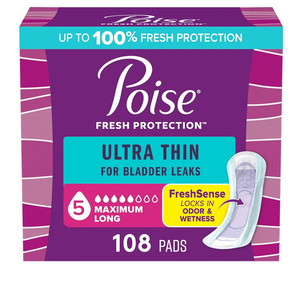Poise Ultra Thin Incontinence Pads & Postpartum Pads for Bladder Leaks, 5 Drop Maximum Absorbency, Long Length, 108 Count, Packaging May Vary