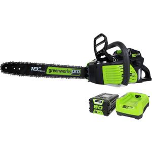 Greenworks 80V 18" Brushless Cordless Chainsaw (Great For Tree Felling, Limbing, Pruning, and Firewood) / 75+ Compatible Tools), 2.0Ah Battery and Rapid Charger Included