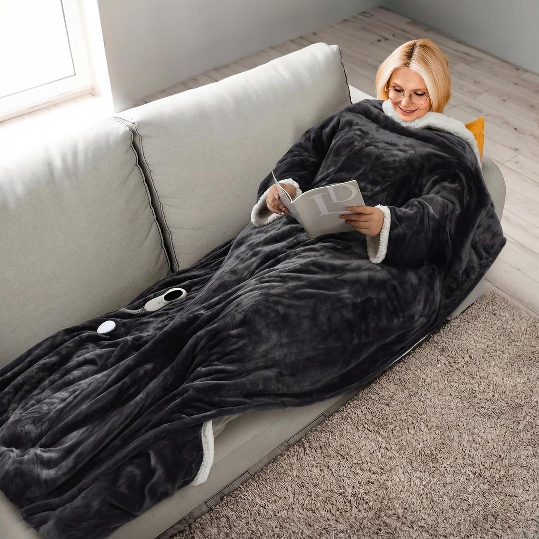 PASAMIC Electric Wearable Heated Blanket with Foot Pocket, Heated Blanket Wearable with Sleeves, Flannel & Sherpa Electric Throw, 10 Heat Settings & 2-8H Auto Shut-Off, 50 * 70"+18", Dark Grey
