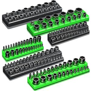 Magnetic Socket Organizer Holder Set For Tool Box Drawer, Toolbox Organization Including 1/4", 3/8" and 1/2" Drive Metric SAE Socket Trays (Sockets are not Included) (Green+Black)