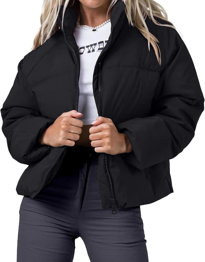 Women's Winter Cropped Puffer Jacket 2023 Long Sleeve Lightweight Zip Short Jacket Coat with Pockets (X-Large, Black)