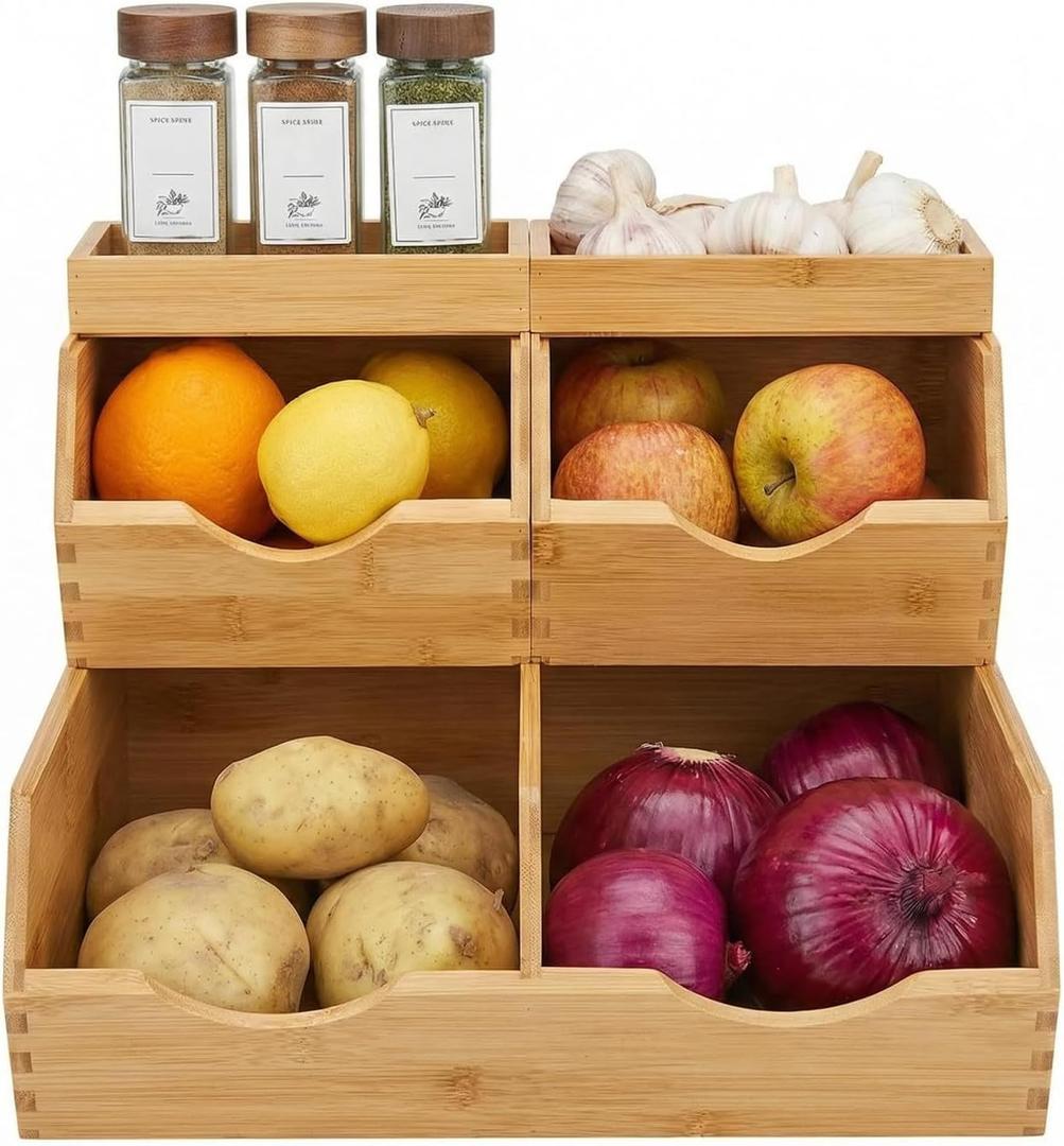Bamboo Pantry Storage Bins Set 5 Pieces - Stackable Baskets, Potato and Onion Storage, Bamboo Wood Storage Bins for Pantry Baskets Organization and Storage, Kitchen Essential