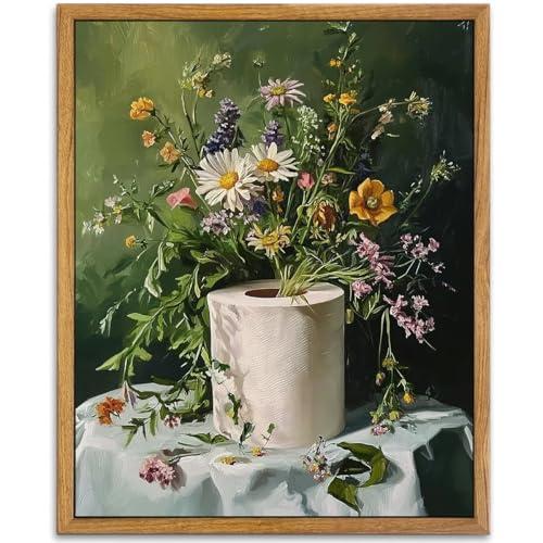 AtterrirArt Framed Funny Bathroom Wall Art, Toilet Paper Picture Painting Print, Vintage Moody Floral Wall Decor, Toilet Canvas Wall Art, Ready To Hang, 12 * 16 Inches