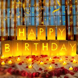 Happy Birthday Decorations for Women Men, Light Up Letters Luminary Bags with 30PC Bright LED Candles and 2000PC Fake Rose Petals, Surprise Birthday Party Banner Signs