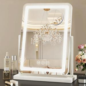 Suidia Vanity Mirror with Lights, 18"14" LED Makeup Mirror with Light, Smart Touch with 3-Color Lighting, 360Ratation for Vanity Desk Tabletop,White,Lamp Belt Style