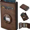 Airtag Wallet for Men,with Cash Pocket 2 ID Window 10+ Cards,Metal Case Smart Slim Pop Up Credit Card Holder Flip with Magnetic Closure RFID Blocking Trifold Leather wallet with Gift Box