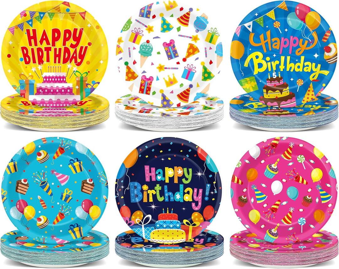 60Pcs Happy Birthday Plates Party Supplies 7 Colorful Birthday Plates Colorful Happy Birthday Tableware Party Decorations for Kids Boys Girls Birthday Cake Dinnerware Party Favors for 60 Guest