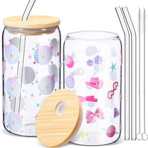 2 Pcs Era Theme Glass Tumbler Gifts 16 oz Can Shape Drinking Glass Cups with Lids and Straws Funny Era Themed Gifts Iced Coffee Mug Water Bottle for Christmas Graduation Birthday Supplies