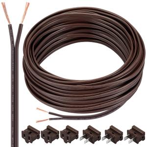 SPT-1 50 ft 18/2 Electrical Wire With 6 Plugs, 18 AWG/Gauge for LED Lighting Strip, Lamp Extension Cable, Residential Outdoor Commercial Industrial, Brown