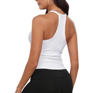 GEMBERA Womens Racerback Sleeveless V Neck Ribbed Knit Cotton Fitted Basic Cami Cropped Halter Tank Top Shirt