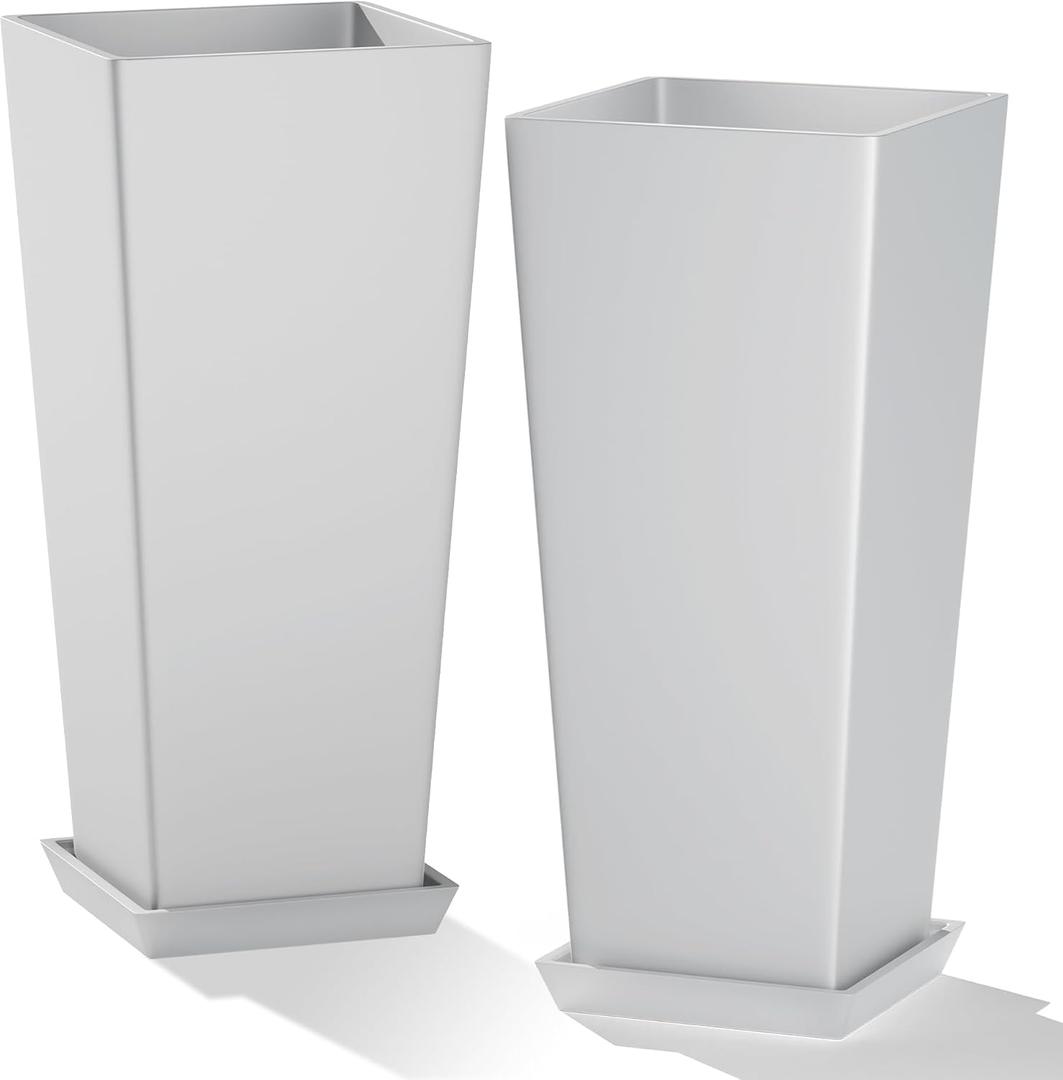24" Tall White Planters for Outdoor Plants Set of 2, Large Flower Pots Planters with Drainage Holes & Tray, Modern Indoor Tapered Tall Planter for Front Porch