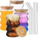 ALINK 16 oz Drinking Glasses with Lids and Straws Set of 4, 16 oz Wave Shape Bubble Glass Cups, Iced Coffee Glasses for Beer, Cocktail, Water Cups with Brush