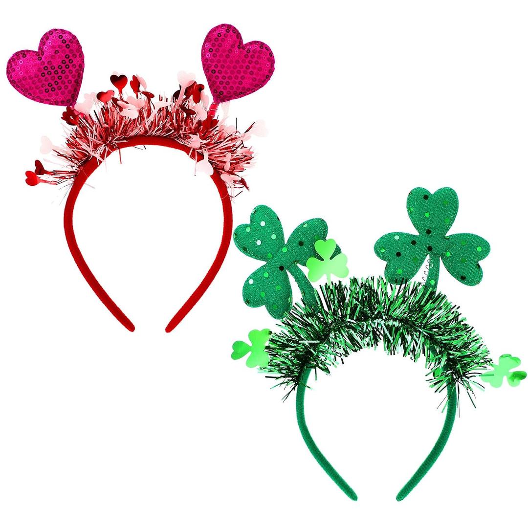 Suncalla 2 Pcs Valentine's Day St. Patrick's Day Headbands Set Sequin Heart and Green Clover Glittery Hair Accessories for Women Men Party Gift Decoration(Pink,Green)