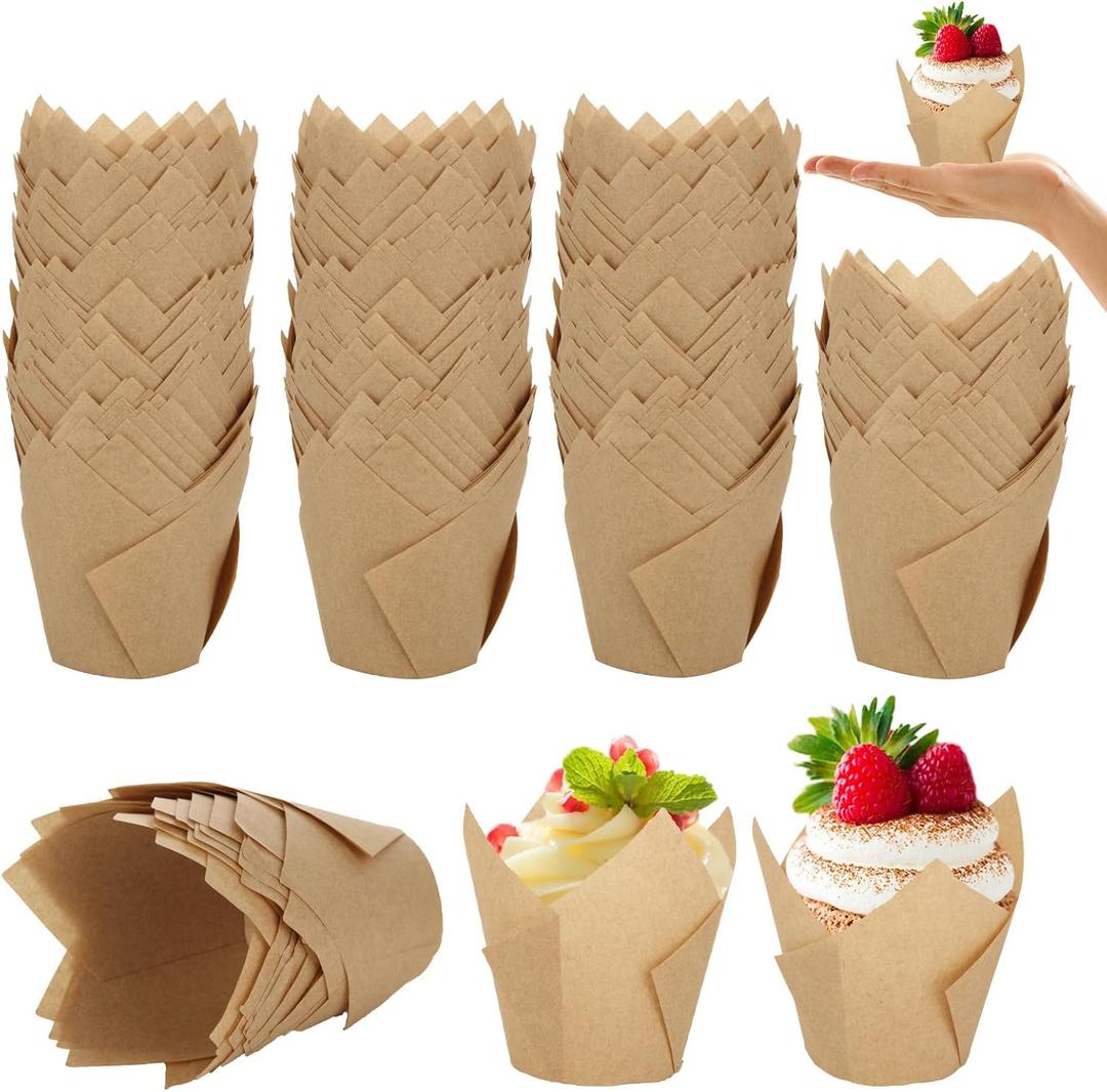 400 PCS Tulip Cupcake Liners Muffin Paper Baking Cups Parchment Paper Muffin Liners Holders Greaseproof Cupcake Wrapper for Party Wedding Birthday Parties Banquets, Natural