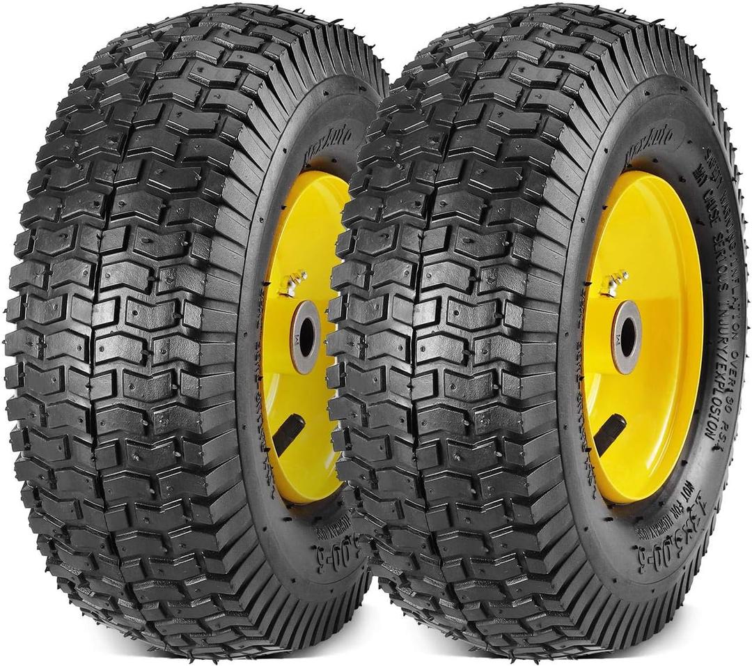 13x5.00-6 Lawn Mower Tires with Rim 13x5-6 NHS Pneumatic Tires with Tube, 3" Centered Hub, 3/4" Bushings 2 Pack