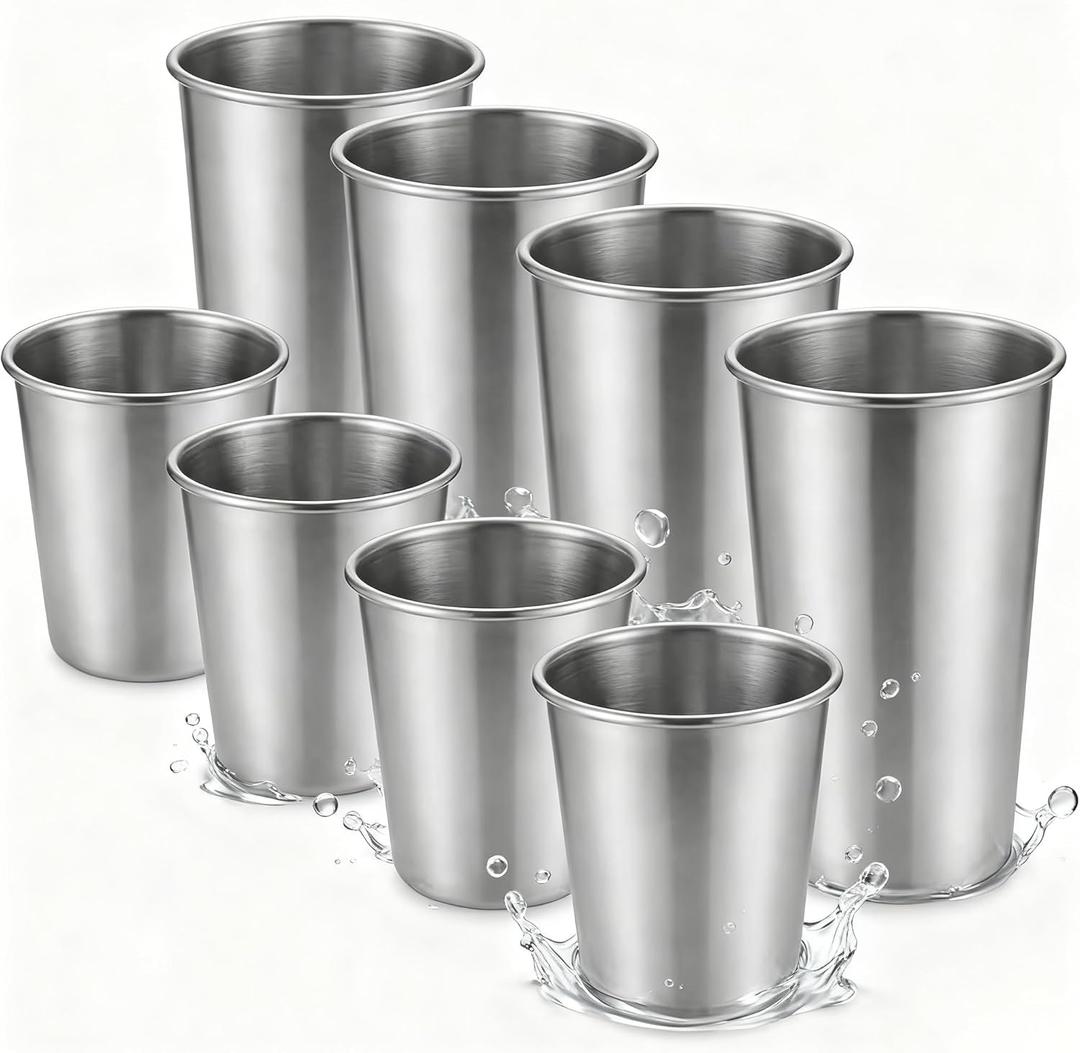 Stainless Steel Cups & Pint Tumblers Set of 8 - 4 Pack 8 oz + 4 Pack 16 oz Stackable, BPA Free Unbreakable 304 Metal Drinking Glasses for Children & Adults, Indoor Outdoor Picnic Travel Camping (EXP 07/07/26)