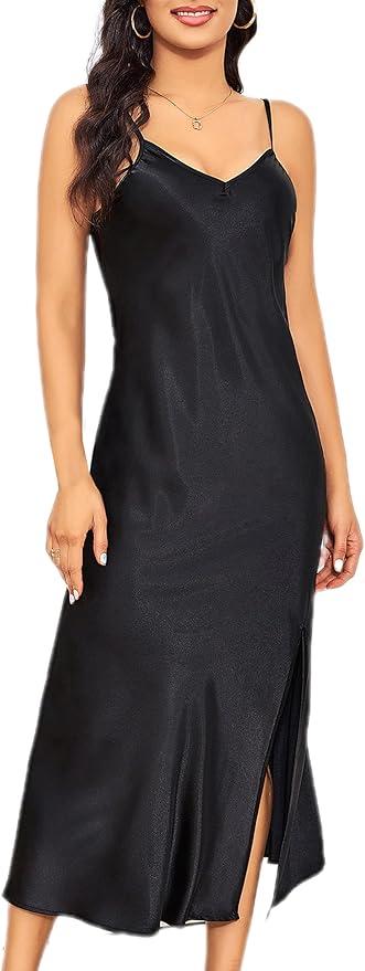 ALCEA ROSEA Women's Open Back Long Satin Slip Dress Adjustable Spaghetti Strap Midi Dress Silky Gown V Neck Under Dress (Jet Black, XL)