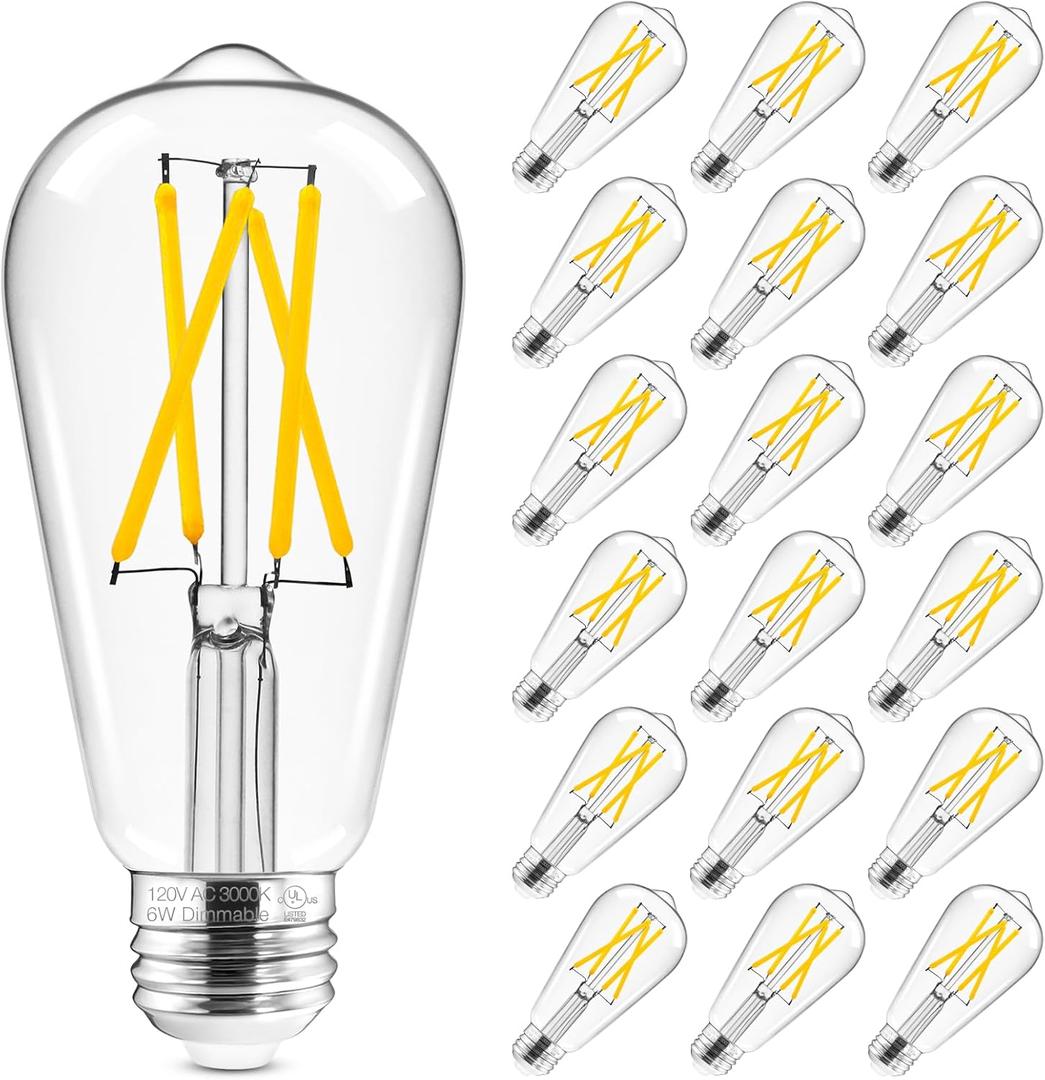Hizashi Led Edison Bulbs Dimmable, 6W Equivalent 60W, 3000k Soft White, Vintage E26 Base Light Bulbs, 700LM, UL Listed, High CRI 95+ Eye Protection, Clear Glass, Pack of 18