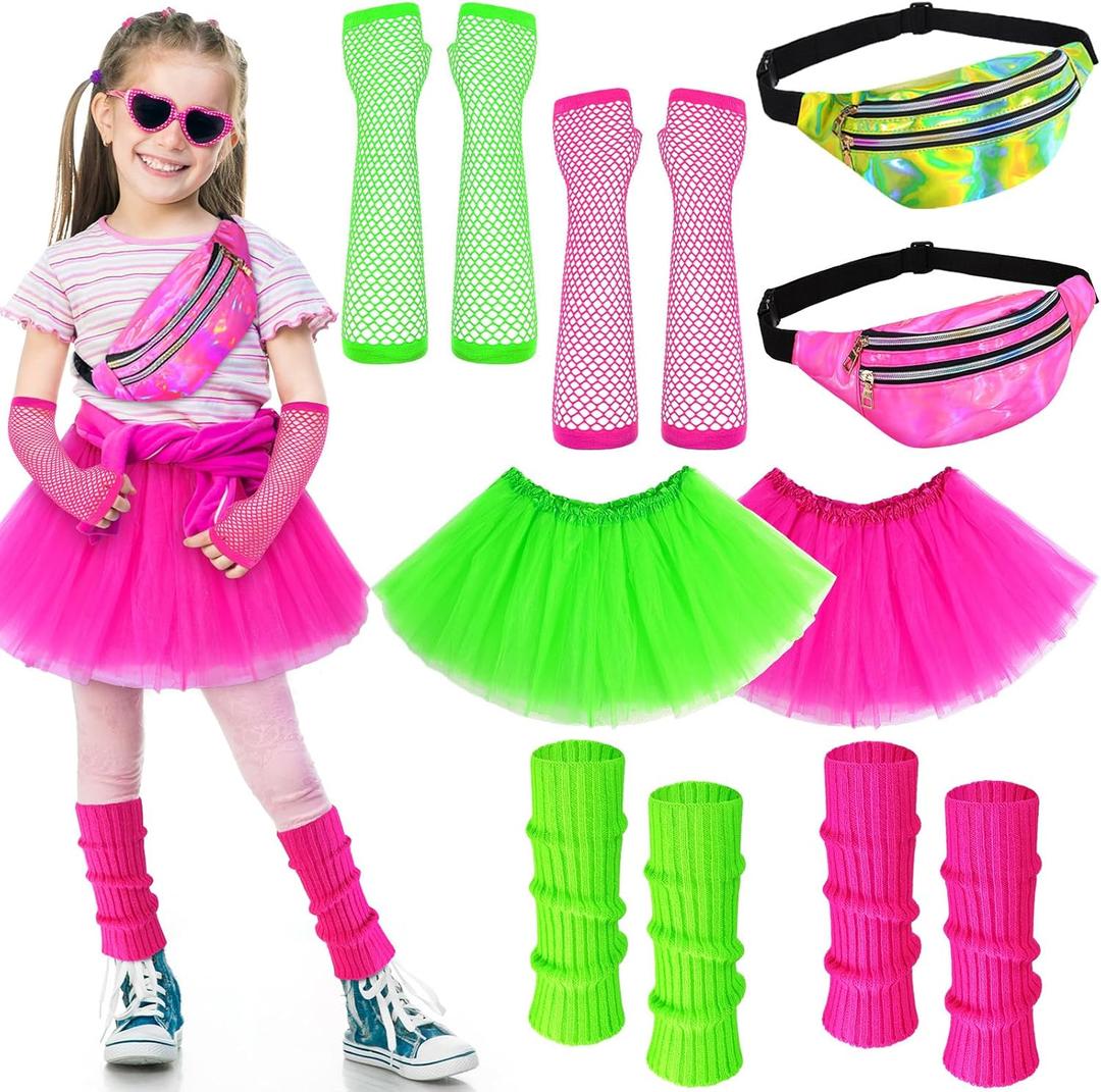 Toulite 8 Pcs Halloween Kid 80s Costume Accessories Set Neon Leg Warmers Socks Fanny Tutu S1kirts (Rose Red and Green)