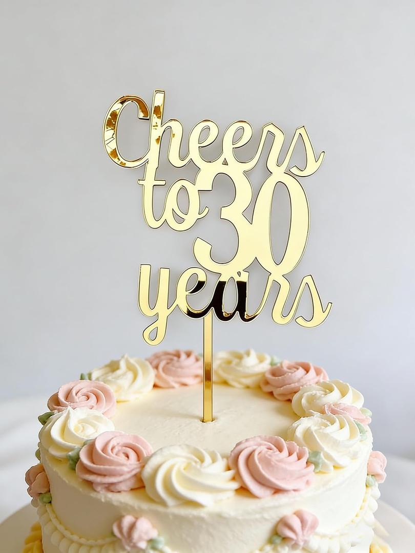 Cheer to 30 Years Cake topper,Acrylic Gold 30th Birthday Decoration,Birthday Party Favor Supplies,Photo Decoration Props
