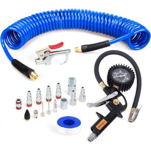 18 Pieces Air Compressor Accessories kit, 1/4 inch x 25 ft Recoil Poly Air Compressor Hose Kit, 1/4" NPT Quick Connect Air Fittings, 100 PSI Tire Inflator Gauge, Heavy Duty Blow Gun