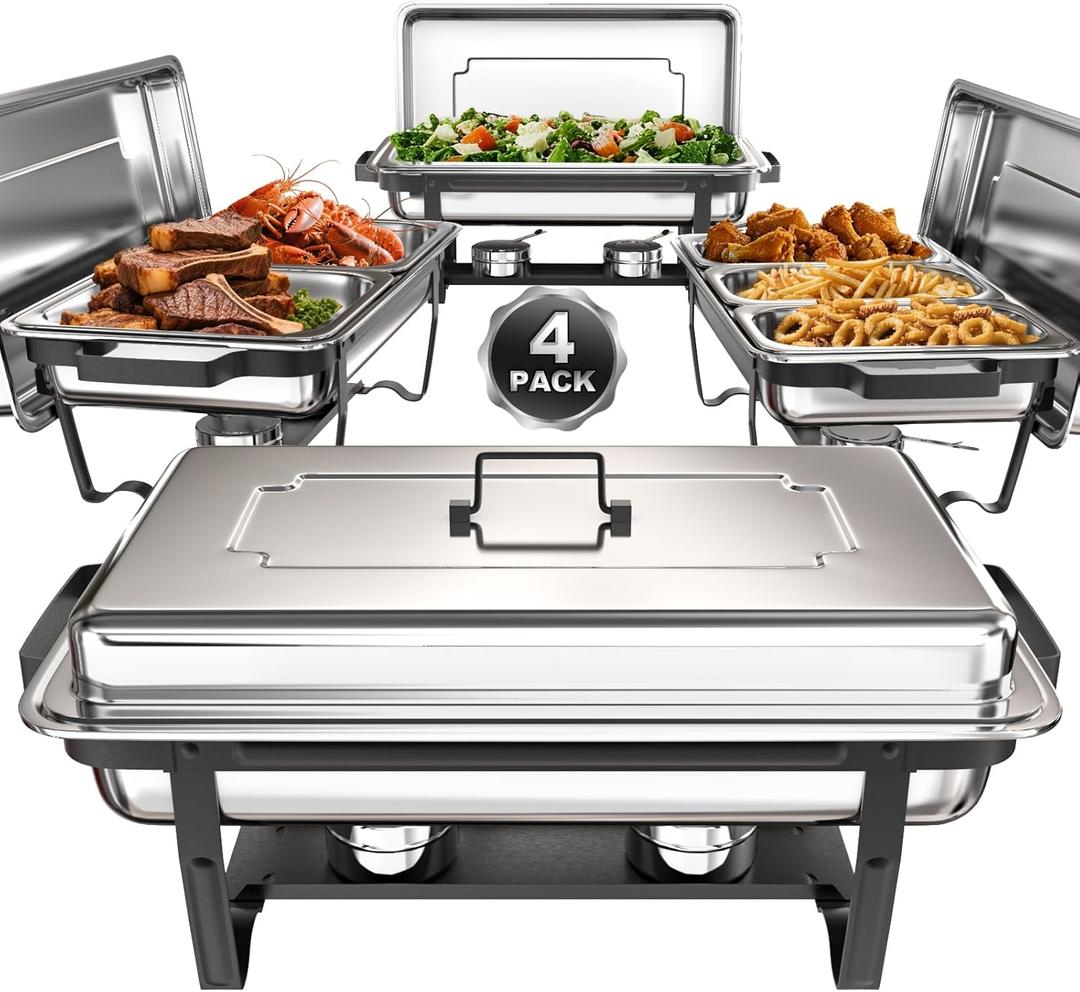 Chafing Dishes for Buffet 9Qt 4 Pack [Multi-Size Food Pans] | Chafing Dishes with 80% Faster [Screwless Installation] and Stacking Design [Easy Storage] for Fathers Day Party/Wedding (Black)