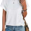 Bliwov Womens Tops Eyelet Embroidery Summer Fall Curved Hem Short Sleeve Trendy T Shirts Outfits Beach Vacation Clothes (Large)