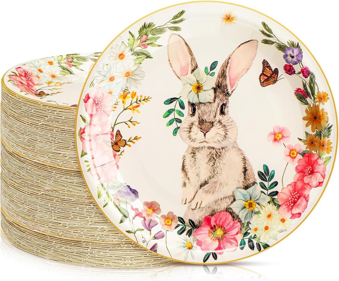 100 Pcs Easter Paper Plates 7'' Round Disposable Bunny Plates Bulk Egg He Is Risen for Holiday Spring Party Dessert Supplies(Beige,Cute Bunny)