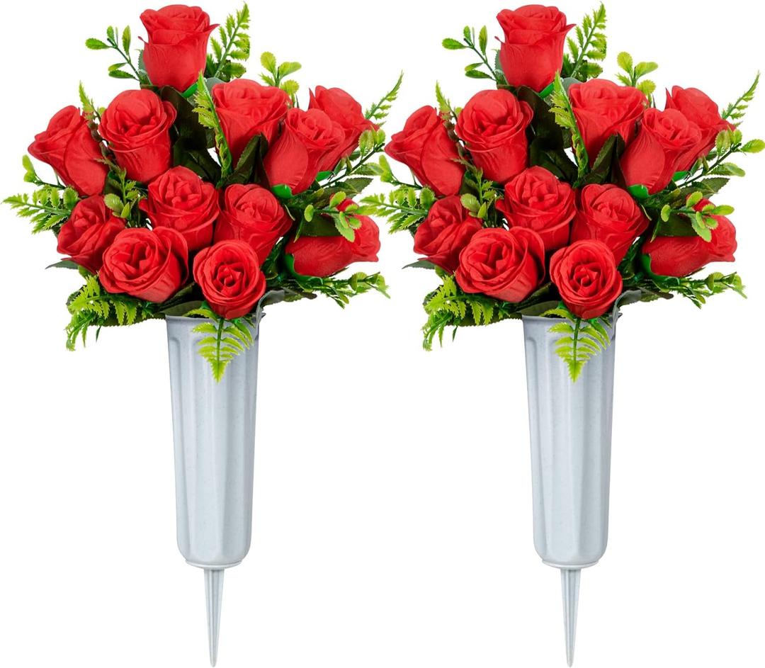 XONOR Artificial Cemetery Flowers, Set of 2 Artificial Rose Bouquet Grave Memorial Flowers with Vase for Cemetery Headstones Decoration (Red)
