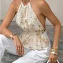 MakeMeChic Women's Sequin Floral Embroidery Halter Top Sleeveless Tie Back Y2K Party Tops (White, L)