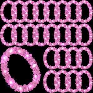 Sherr 24 Pcs LED Light Pink Leis Light up Wedding Hawaiian Leis Flower Necklace with LED Lights Beach Tropical Carnival Party Wedding Supplies Luau for Masquerade