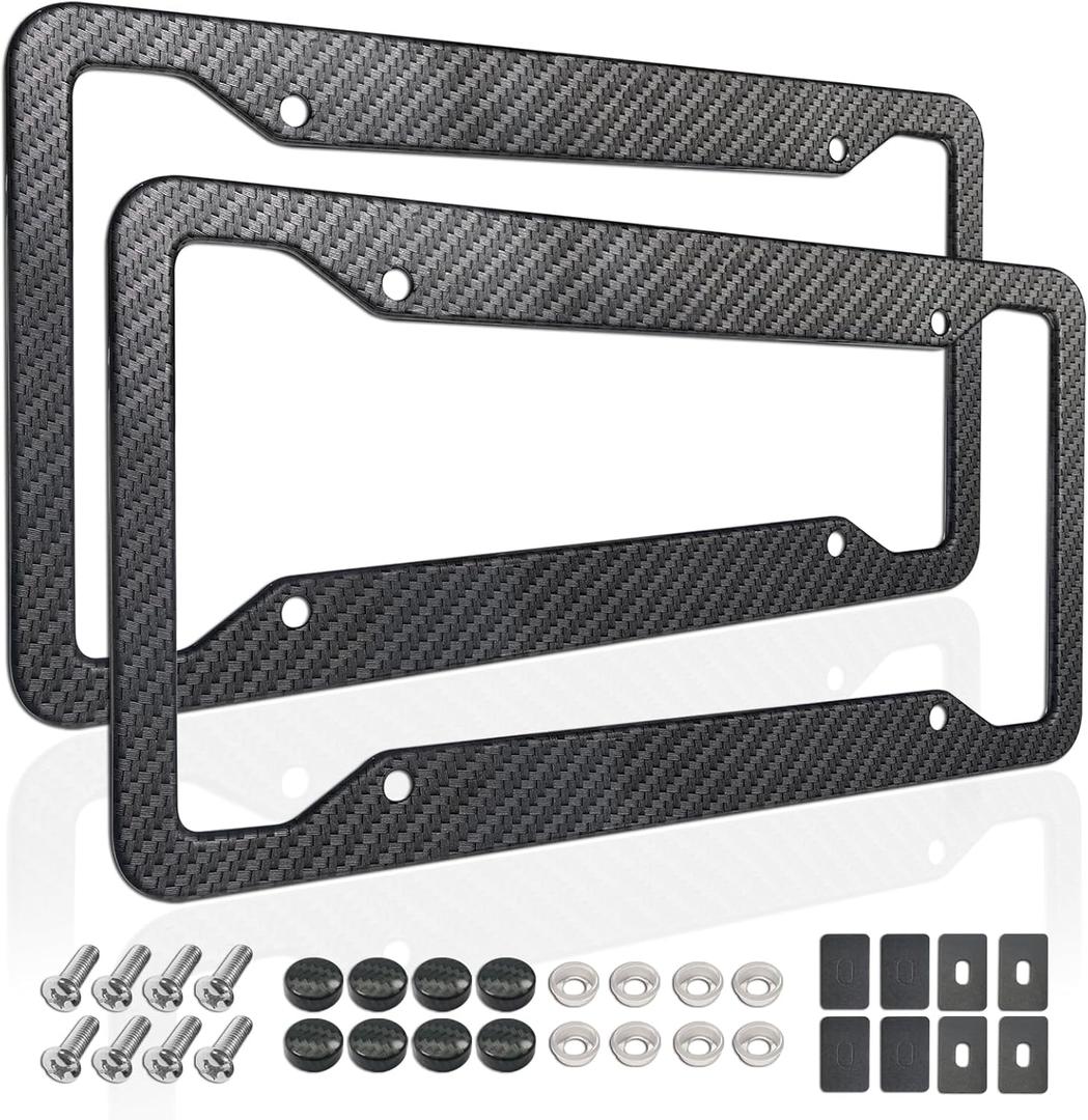 Carbon Fiber License Plate Frames- 2 Pack Black Aluminum Front & Rear Auto Car Tag Holder, Heavy Duty Bracket with Mount Hardware, Screws Caps, Rattle Proof Pads (Carbon Pattern)