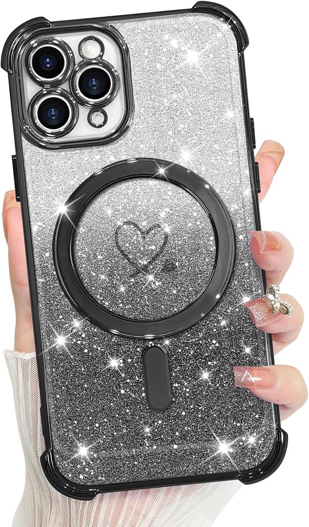 KANGHAR for iPhone 12 Pro Case, Support for MagSafe [Four Corner Cushion Series] Love Heart Pattern Electroplate Edge Shockproof Durable Full Body Protection for Girls Women -Black