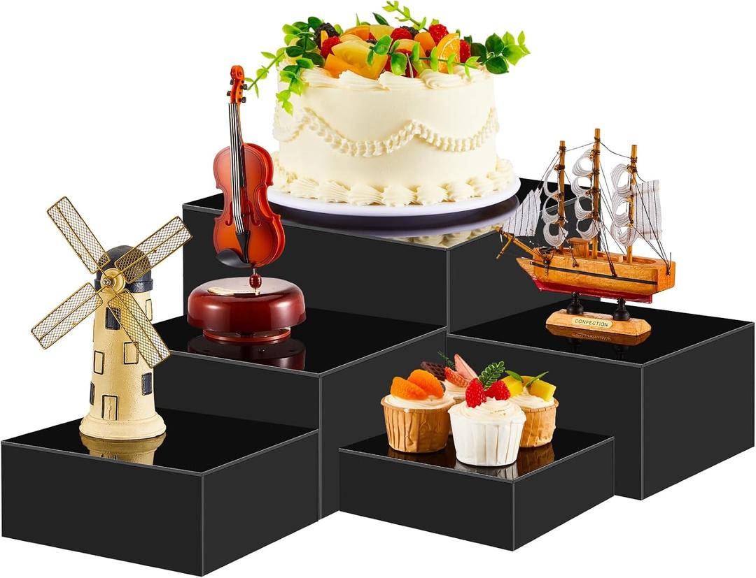 Sintuff 5 Pcs Buffet Risers and Display Stand 6" 7" 8" 9" 10" Large Acrylic Dessert Cupcake Table Stand Set Black Food Display Cube for Jewelry Figures Show Decor, Box Nesting Riser with Hollow Bottom