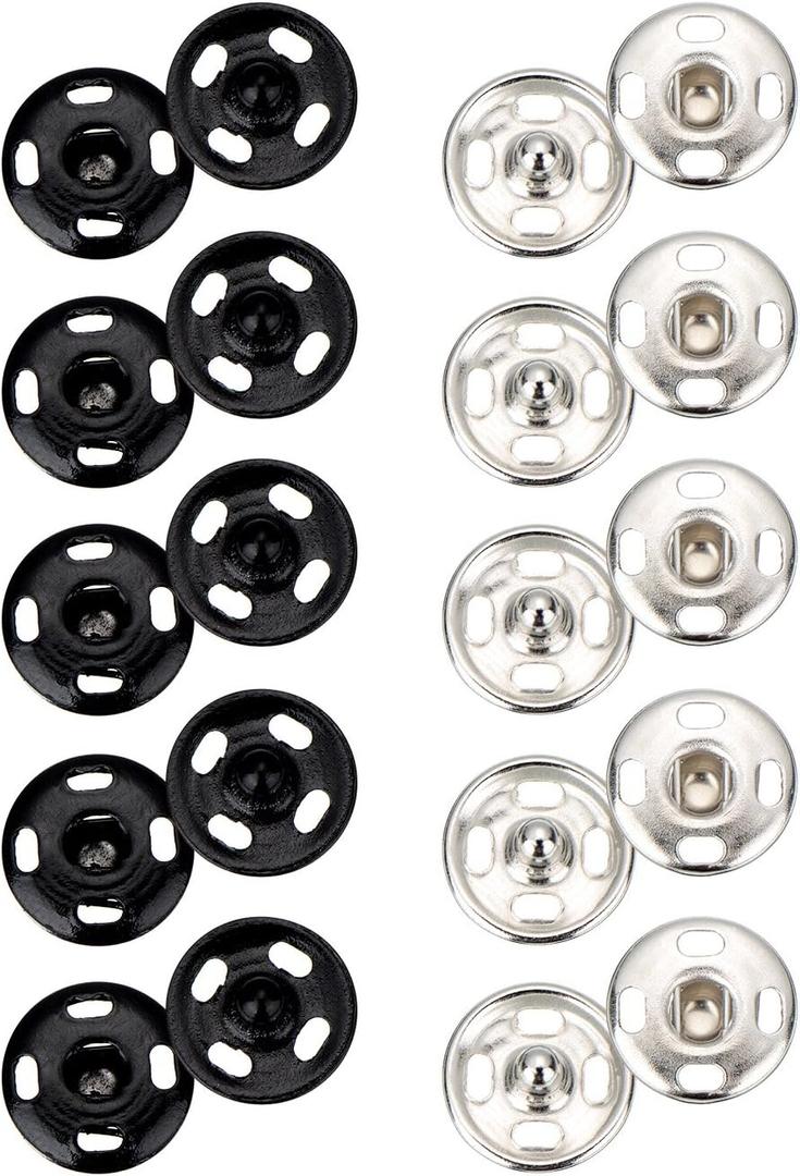 Sumind 100 Sets Sew-on Snap Buttons Metal Snap Fastener Press Button for Sewing Clothing, Black and Silvery (10mm)