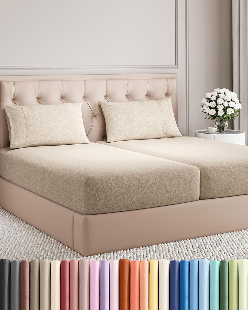 Split King Size 5 Piece Sheet Set - Comfy Breathable & Cooling Sheets - Hotel Luxury Bed Sheets for Women & Men - Deep Pockets, Easy-Fit, Soft & Wrinkle Free Sheets - Heathered Beige Oeko-Tex Sheets