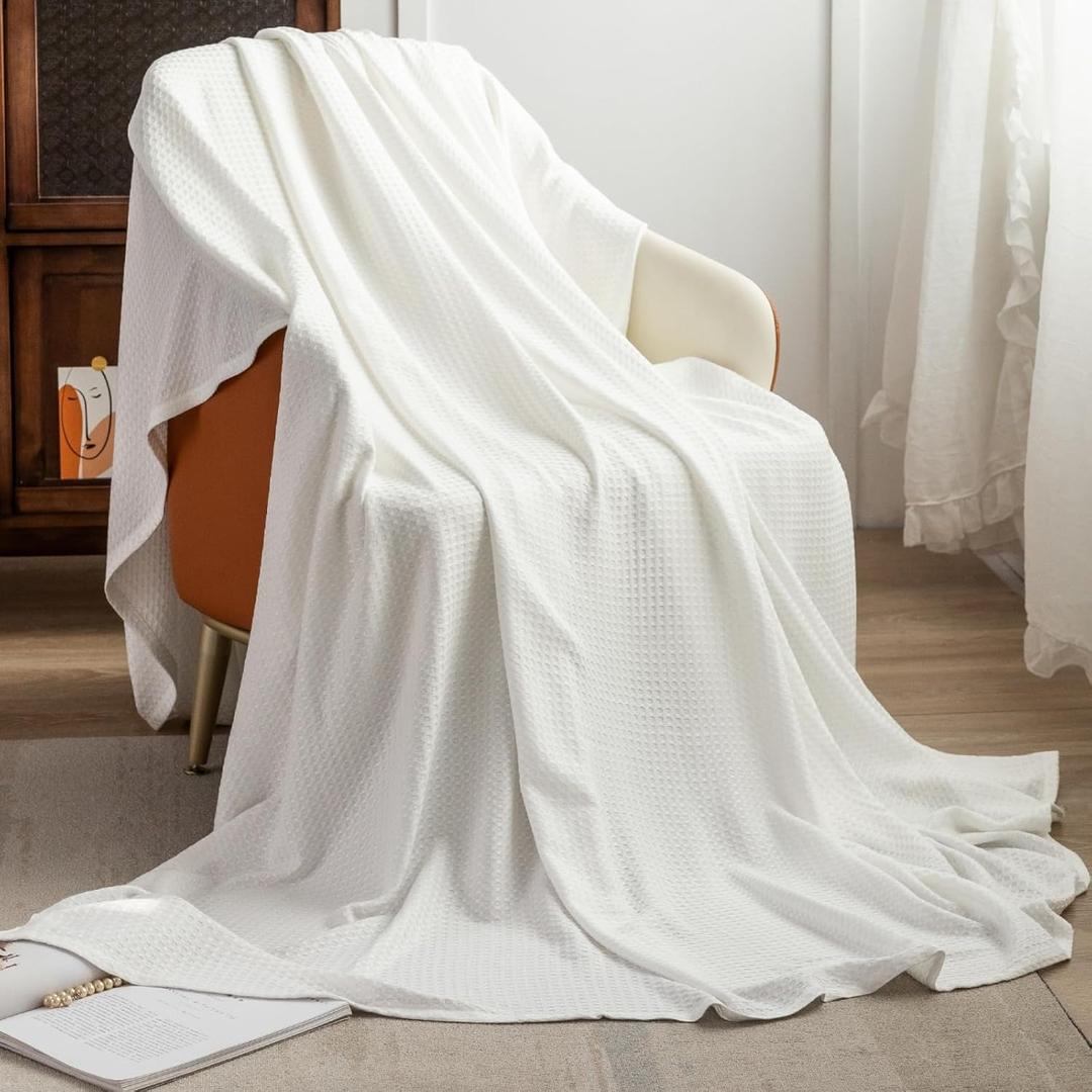 AmyHomie Cooling Waffle Blanket King Size, 100% Rayon Derived from Bamboo, Cool Summer Blanket for Hot Sleepers Comfy Lightweight Soft Blankets for All Seasons (White, 108x90in)