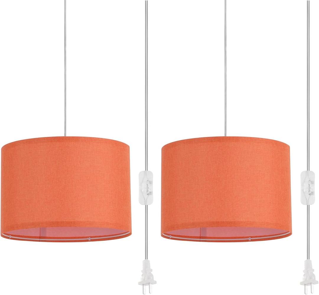 2 Pack Plug in Pendant Light, Hanging Light with 15Ft Clear Cord, On/Off Switch, Dark Orange Fabric Lamp Shade, Hanging Light Fixture for Bedroom, Kitchen