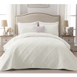 Exclusivo Mezcla 3-Piece Ultrasonic Queen Size Quilt Set, Lightweight Bedspreads Modern Striped Coverlet Set for All Seasons (96"x88", White), 2 Pillowcases, 19×26inch