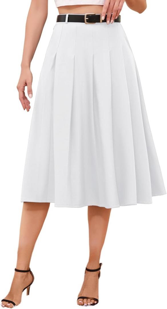 Girls Womens High Waist Pleated Long Skirt with Pockets (White, S)