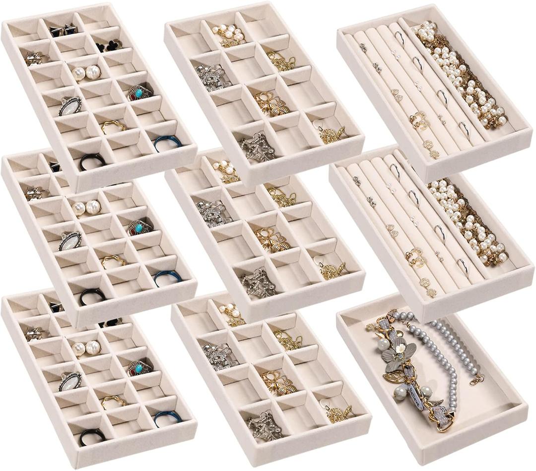 Frebeauty Jewelry Organizer Tray, Stackable Velvet Jewelry Trays, Drawer Inserts Earring Organizer For Women Jewelry Storage Display Case for Rings Stud Necklaces, Set of 9(Beige)